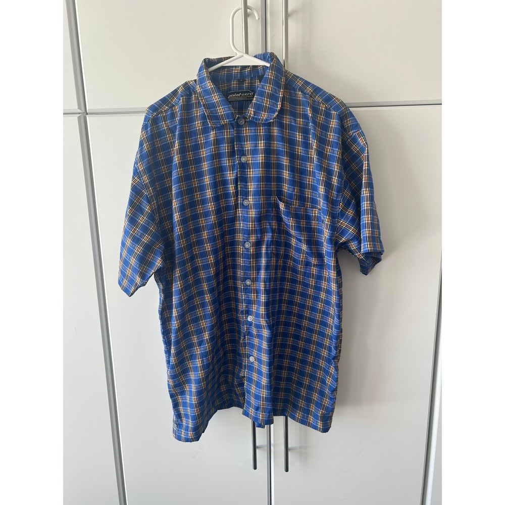 Point Zero Mens Blue Plaid Short Sleeve Button Down Shirt Large Textured Nepal